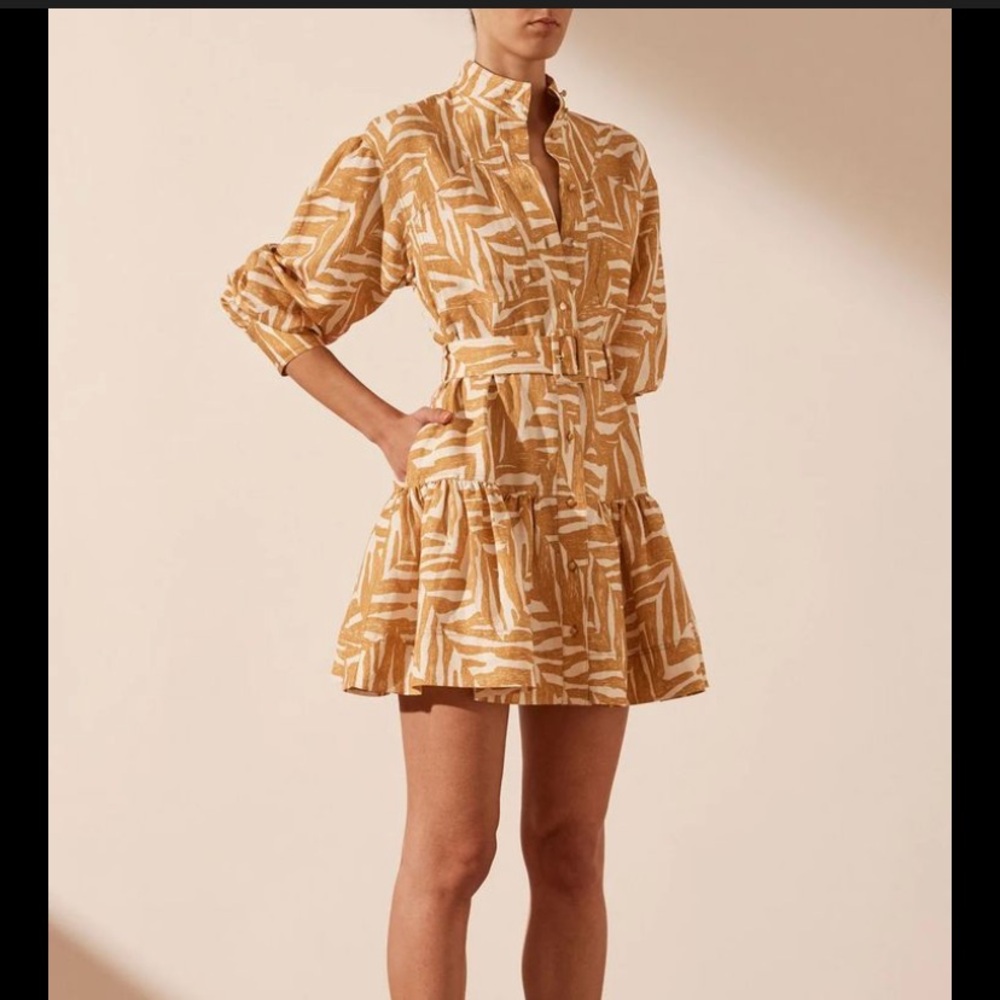 New Shona Joy Imani linen blend long sleeve mini shirt dress belted yellow white